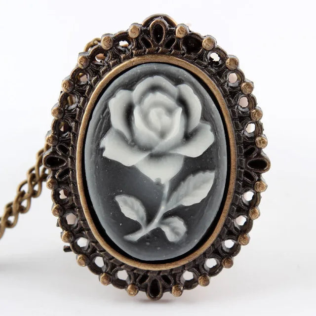 GORBEN Quartz Bronze Stainless Steel Metal Round Shaped Analog Display Acrylic Face White Beauty Lady Icon Cameo Design Necklace Chain-Pocket Watches/Colors-White Beauty/ White-Purple Flowers