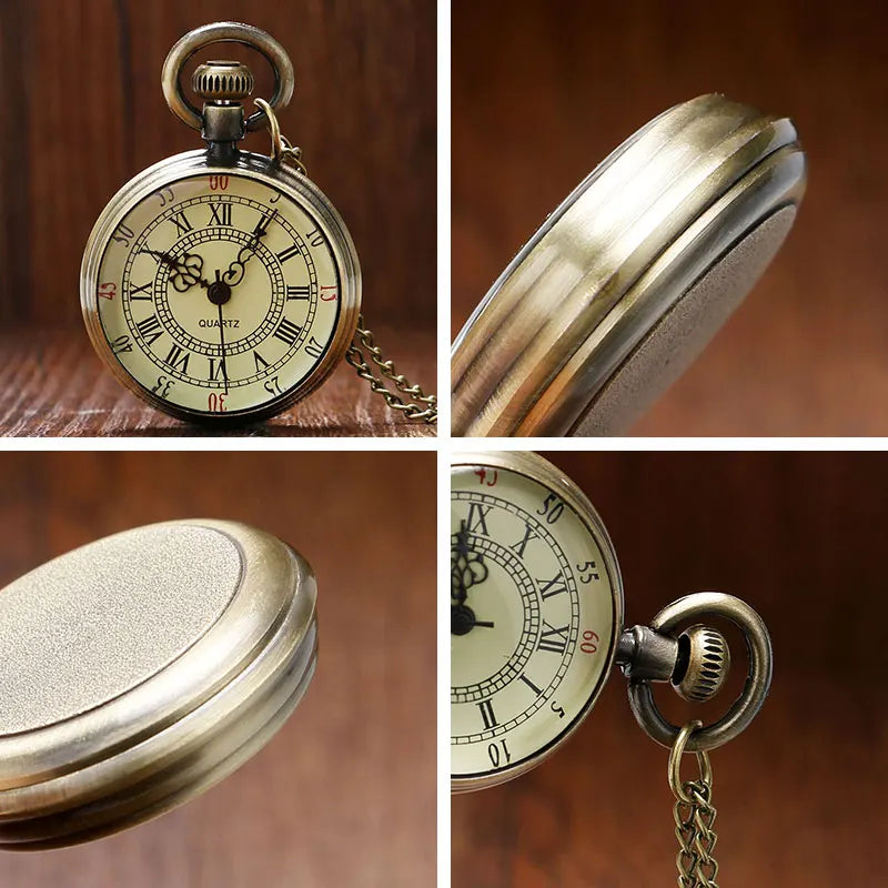 LUXFACIGOO Adults Bronze Round Shaped Metal Alloy Case Glass Face Quartz Analog Display Black Roman Numeral Chain-Pocket Watches