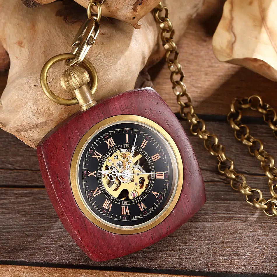 GORBEN Adults Vintage Manuel Winding Roman Numeral Carved Wood Square Shaped Case Acrylic Face Skeleton Dial Mechanical Gold Metal Open Face Fob Gold Chain-Pocket Watches