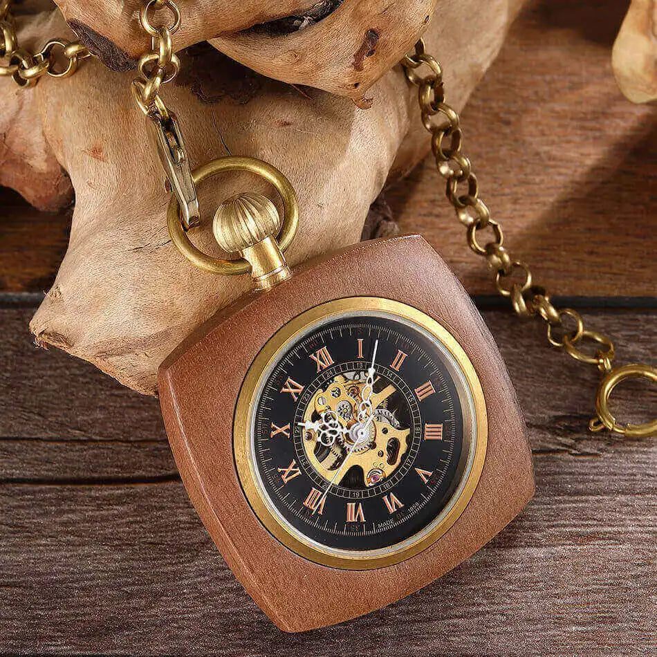 GORBEN Adults Vintage Manuel Winding Roman Numeral Carved Wood Square Shaped Case Acrylic Face Skeleton Dial Mechanical Gold Metal Open Face Fob Gold Chain-Pocket Watches
