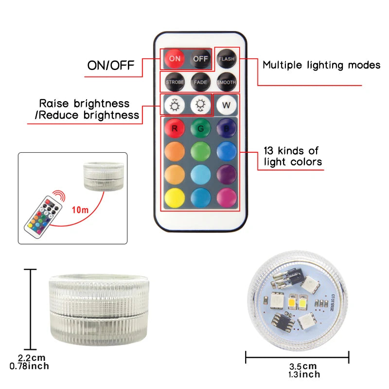 WHATOOK Outdoor Waterproof Remote Control Clear Multicolor Round Shaped Plastic Body Warm White 5 LED Bulbs Battery Powered RGB Submersible Underwater Swimming Pool Floating-Submersible Lights