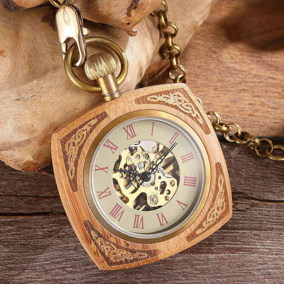 GORBEN Adults Vintage Manuel Winding Roman Numeral Carved Wood Square Shaped Case Acrylic Face Skeleton Dial Mechanical Gold Metal Open Face Fob Gold Chain-Pocket Watches