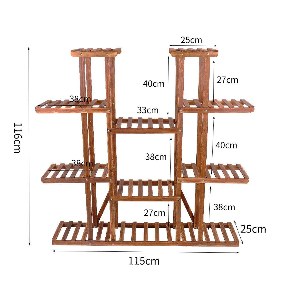 BINGOPAW Brown Pine Wood 9 Multi-Functional Tier Shelves Metal Screws Flower-Plant Stands /Dimension: 116 x 115cm/ 46x45in