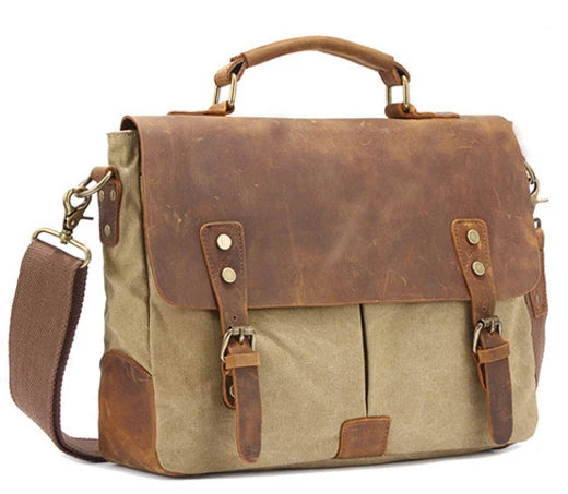 MUNUKI Men Vintage Convertible Thick Canvas Brown-Gray Cowhide Leather Soft Handle-Detachable Shoulder Strap Zipper-Hasp Cotton Lining 14 Inch Laptop Single Compartment External Pockets Business Briefcases/Colors-Gray/Brown