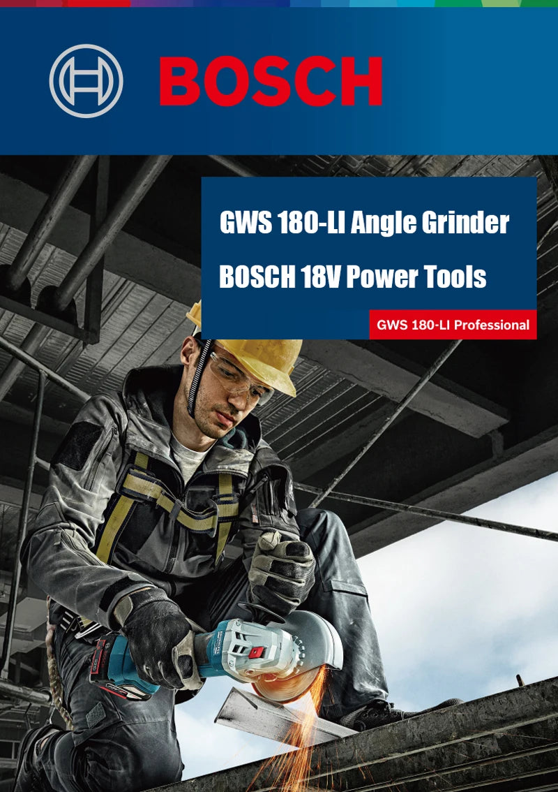 BOSCH Professional Grade Handheld Battery-Powered Blue-Gray-Black Body Silver Safety Guard 18V GWS 180-LI Model Cordless Rechargeable Brushless Portable Angle Grinders