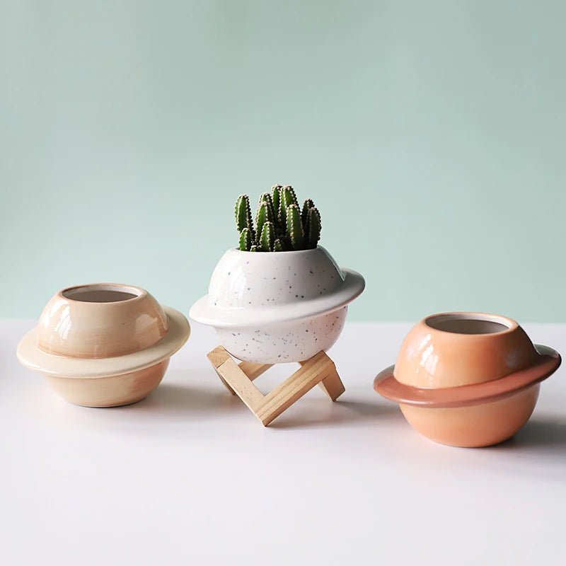 No-EN-Name-Null Glazed Mini Brown Porcelain Ceramic Succulent Round Mouth Creative Cute Cartoon Smiling Eyes-Nose Saturn Planet Shaped Desktop Flowerpots Planters /Colors-Dots/Beige/White/Blue/Brown/Multicolor