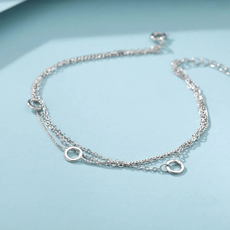 VENTFILLE Adult Women Fine Imitation Sterling Silver-Plated Metal Three-Layers Round O Rings Shaped Chain Charms Bracelets