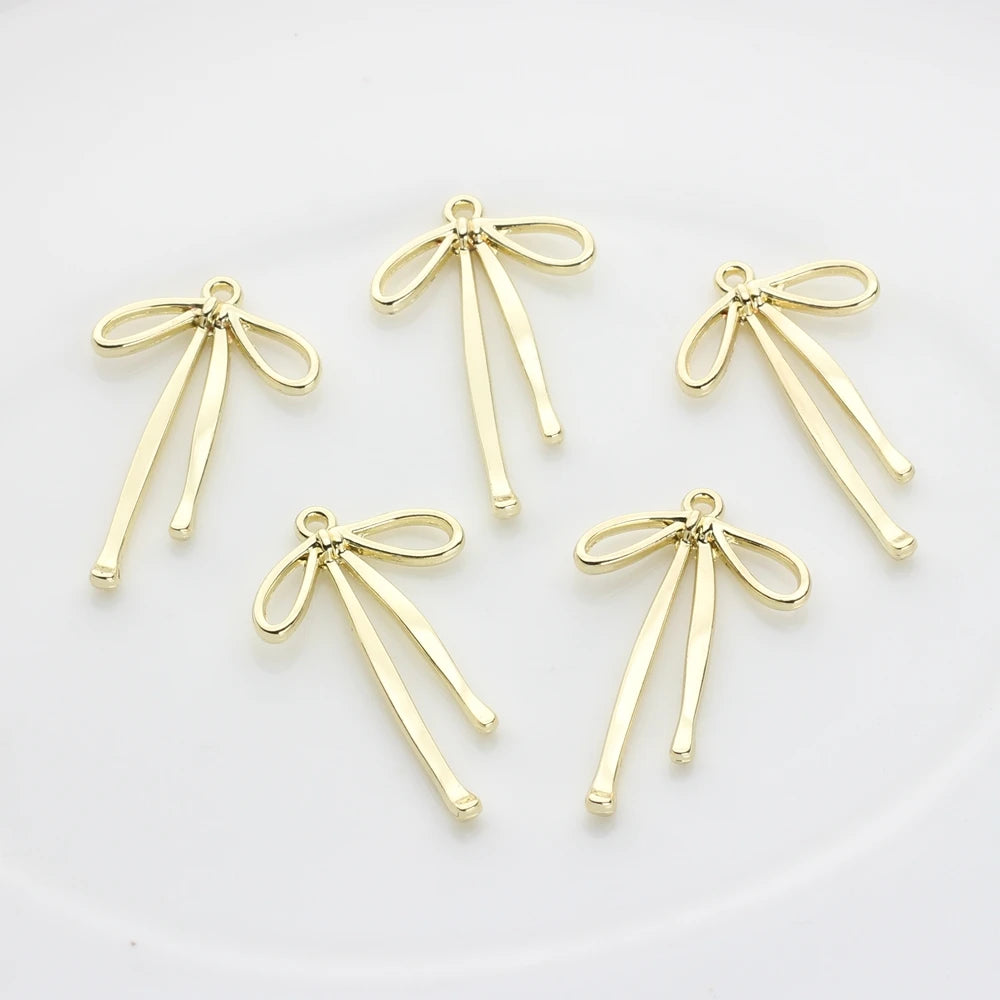 MIZUKAGAMI Adults Fine Imitation DIY Charm Base 6 PCS Bag Of Gold-Plated Brown Metal Alloy Classic Long Hollow Bow Charms-Pendants
