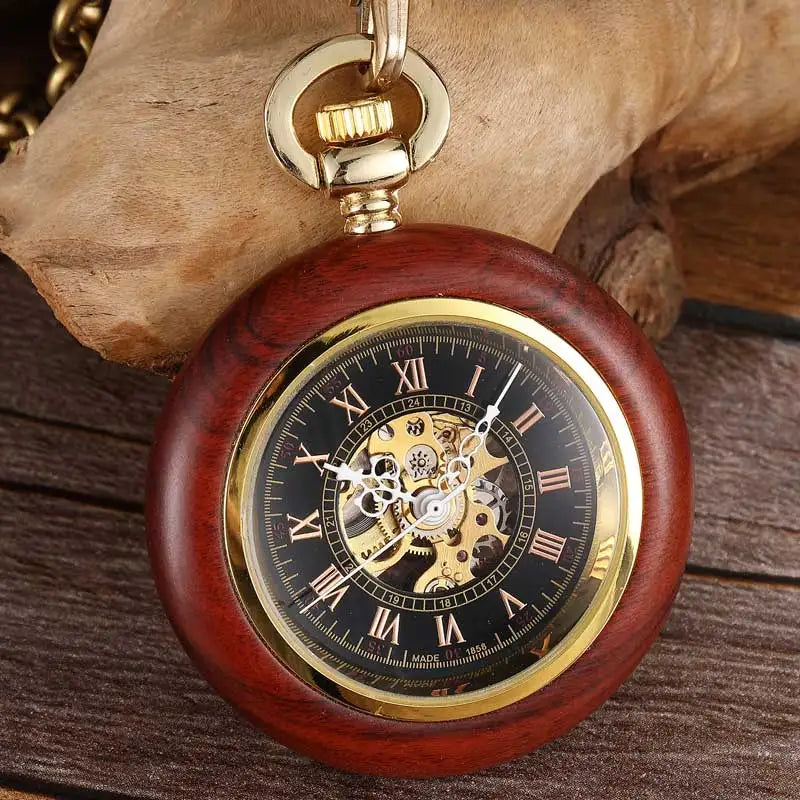 GORBEN Adults Vintage Manuel Winding Roman Numeral Carved Wood Square Shaped Case Acrylic Face Skeleton Dial Mechanical Gold Metal Open Face Fob Gold Chain-Pocket Watches