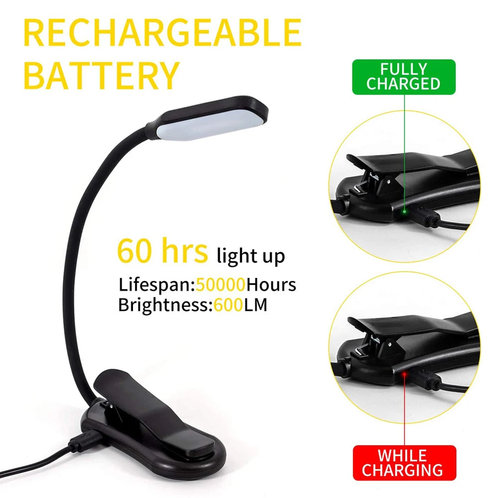 No-EN-Name-Null Mini Portable Warm-Cool White Seven LED Reading Light White-Black Rectangle Plastic Head Flexible Neck Micro USB Cable Built-In Rechargeable Lithium Battery 3-Level Brightness Strong Non-Slip Clamp-On Book Lights /Battery  Included
