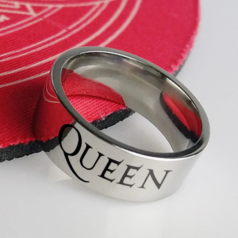 No-EN-Name-Null Women Fine Imitation Titanium Steel Metal Silver Background Black Letters Engraved QUEEN Punk Cocktail Band Hip-Hop-Rock Rings/Colors-Black/Silver