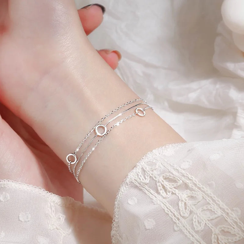 VENTFILLE Adult Women Fine Imitation Sterling Silver-Plated Metal Three-Layers Round O Rings Shaped Chain Charms Bracelets