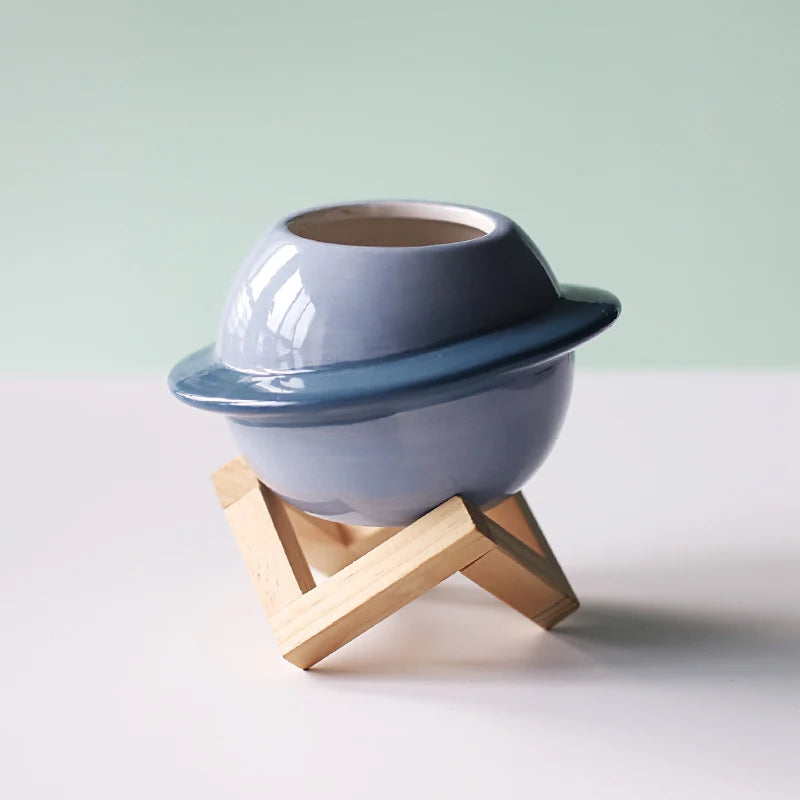 No-EN-Name-Null Glazed Mini Brown Porcelain Ceramic Succulent Round Mouth Creative Cute Cartoon Smiling Eyes-Nose Saturn Planet Shaped Desktop Flowerpots Planters /Colors-Dots/Beige/White/Blue/Brown/Multicolor