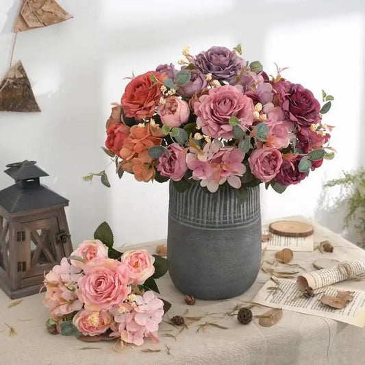 Artificial Retro Silk Rose Hydrangea Peony Bouquet Plants/Colors-Pink/Floral