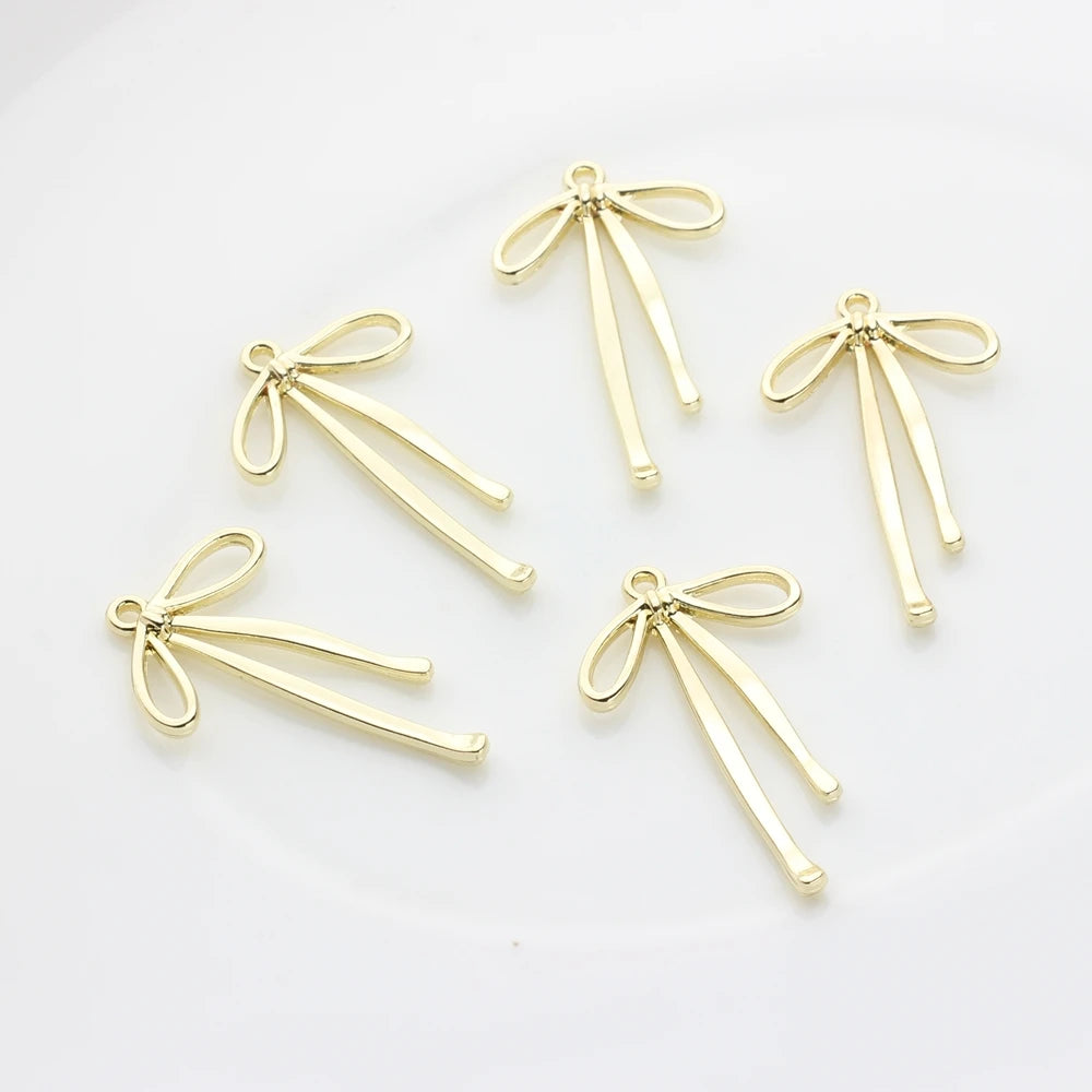 MIZUKAGAMI Adults Fine Imitation DIY Charm Base 6 PCS Bag Of Gold-Plated Brown Metal Alloy Classic Long Hollow Bow Charms-Pendants