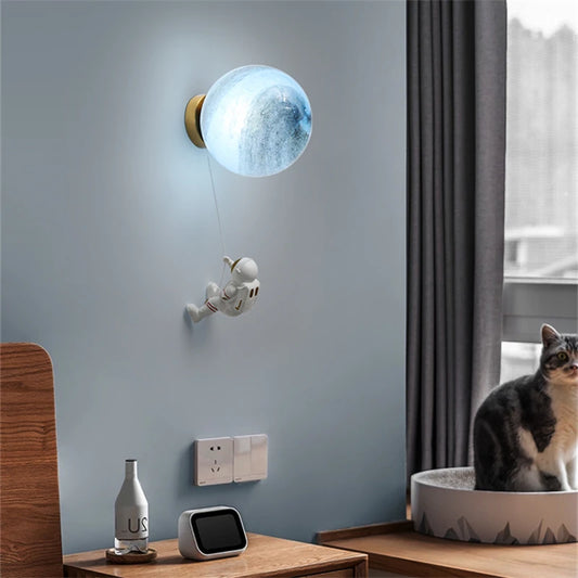 Kids Iron 3 LED Soft Light Color Glass 3D Printed Lampshade Cartoon Astronaut Resin Climbing A Adjustable Dropout Rope To The White Aura Full Moon Wall Mounted Lamps/Colors-Blue/Yellow/White/Beige