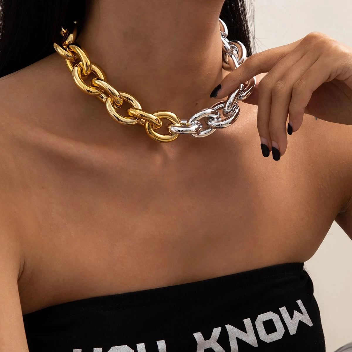 INGEMARK Adult Women Imitation Gold-Silver-White Round Aluminum Metal Punk Hip-Hop-Rock Chunky Thick Link Chain Mood Tracker Choker Lock Pendant Necklaces