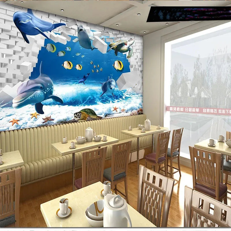 JIADOU Modern Kids Waterproof Canvas Customized Self-Adhesive Printed Blue-White 3D Cartoon Ocean Scene-Dolphins-Fishes-Sea Turtle Removable Peel-N-Stick Vinyl Mural Wallpaper/Colors-Blue/White/Animal