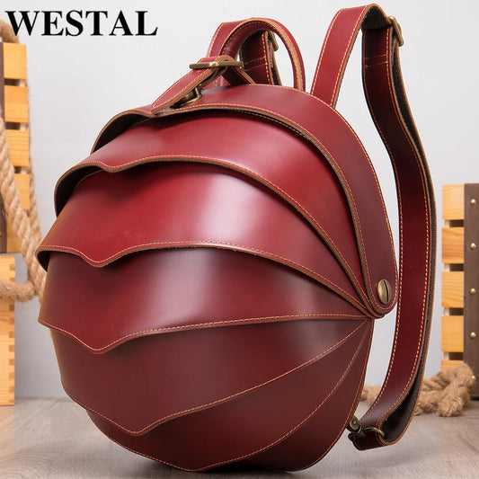 WESTAL Women Mini Round External Frame Beetle Shaped Red Genuine Leather Curve Back Support Polyester Zipper Lining Internal Pockets Built-In Tablet Compartment Shoulder Straps-Handle Anti-Theft Pockets Backpacks/Keychain Holder/Colors-Red/Black/Brown