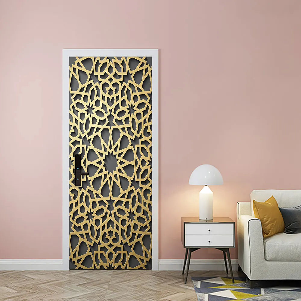 SENUAL BEE Indoor 2 PCS Home Modern Creative Waterproof No Fading Geometric Gold Muslim Eid al-Fitr Spirituality Mural Self-Adhesive Removable Plastic-Vinyl 3D Iron Door-Wall Home Decor Decals