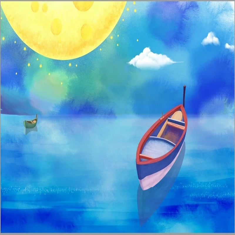 JIADOU Kids Waterproof Canvas Custom Any Size 3D Cute Cartoon Boats-Night Sky-Moon-Stars Wood Fiber Paper Back-Vinyl Peel-N-Stick Canvas Plastic Self-Adhesive Mural Wallpaper/Colors-Blue/Green/White/Multicolor