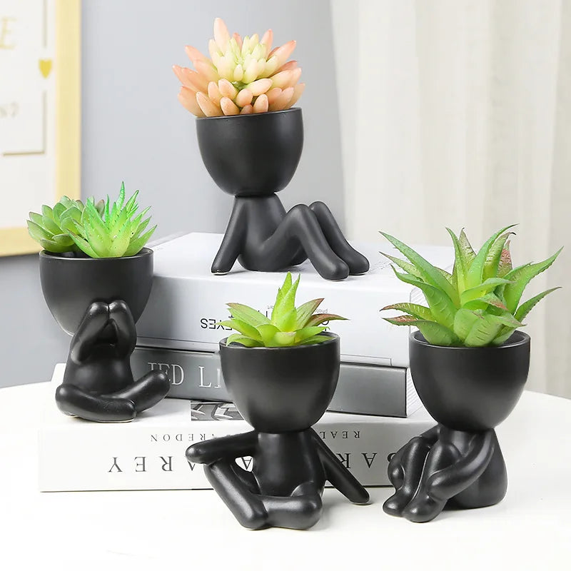 NATUREBELL Indoor European Mini Cute Cartoon Black-White Human Silhouette Shaped Succulent Desktop Flower Pots Planters