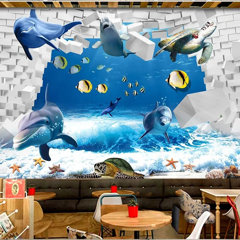 JIADOU Modern Kids Waterproof Canvas Customized Self-Adhesive Printed Blue-White 3D Cartoon Ocean Scene-Dolphins-Fishes-Sea Turtle Removable Peel-N-Stick Vinyl Mural Wallpaper/Colors-Blue/White/Animal