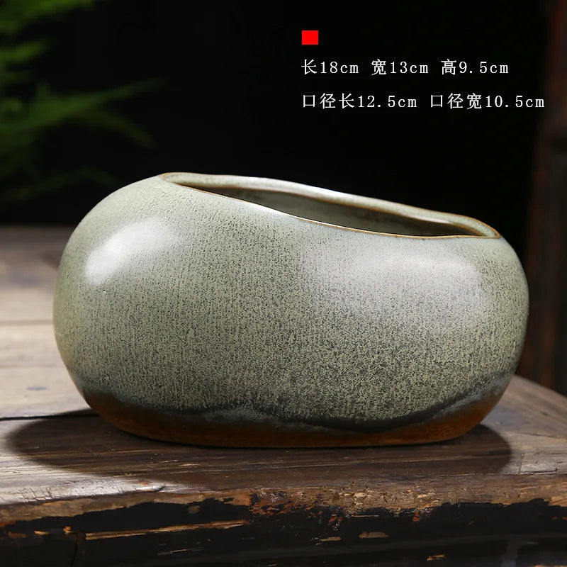 No-EN-Name-Null Indoor Glazed Gray-Green Ceramic Round Shaped Desktop Rustic Flower Pots Planters