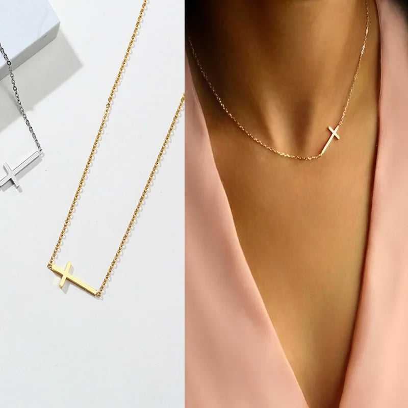MEAEGUET Women Fine Imitation Tiny Dainty Sideway Cross Pendant Stainless Steel Three-Layer Gold-Plated Link Large Choker Chain Necklaces/Colors-Rose Gold/Gold/Silver