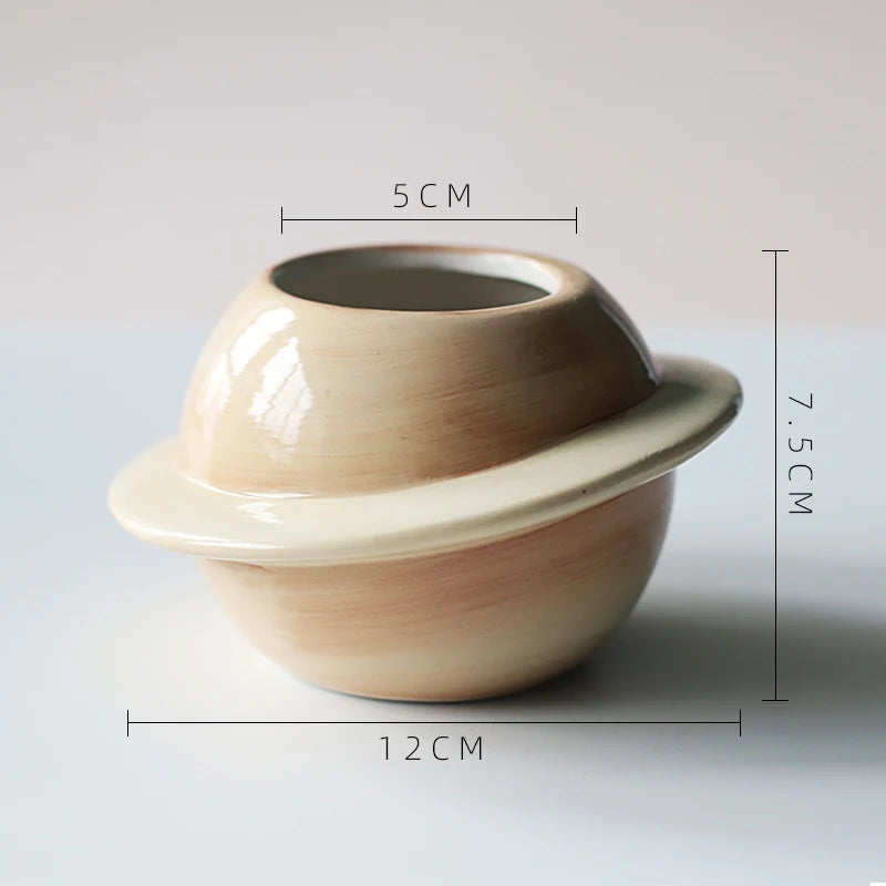 No-EN-Name-Null Glazed Mini Brown Porcelain Ceramic Succulent Round Mouth Creative Cute Cartoon Smiling Eyes-Nose Saturn Planet Shaped Desktop Flowerpots Planters /Colors-Dots/Beige/White/Blue/Brown/Multicolor