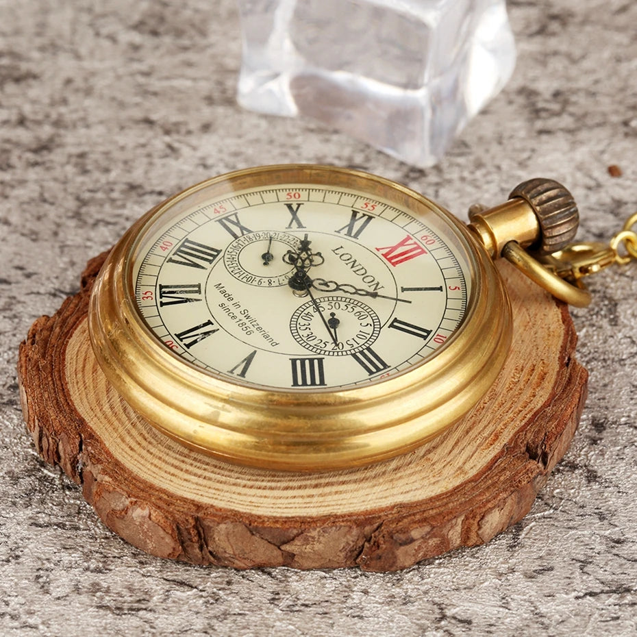 YISUYA Adults Antique Copper Color Round Shaped Acrylic Glass Face Hand Winding Stainless Steel Metal Case Skeleton Dial Roman Numeral London 1856-5 Hands Mechanical Chain-Pocket Watches