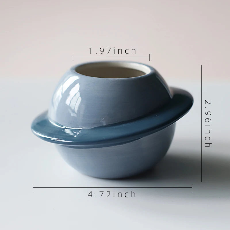 No-EN-Name-Null Glazed Mini Brown Porcelain Ceramic Succulent Round Mouth Creative Cute Cartoon Smiling Eyes-Nose Saturn Planet Shaped Desktop Flowerpots Planters /Colors-Dots/Beige/White/Blue/Brown/Multicolor