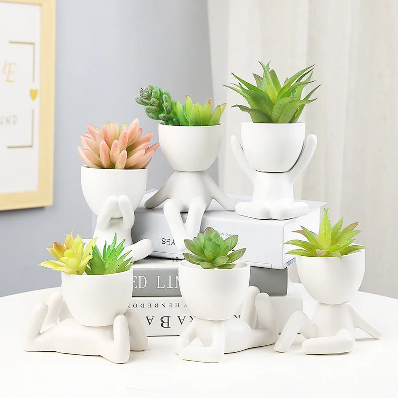 NATUREBELL Indoor European Mini Cute Cartoon Black-White Human Silhouette Shaped Succulent Desktop Flower Pots Planters