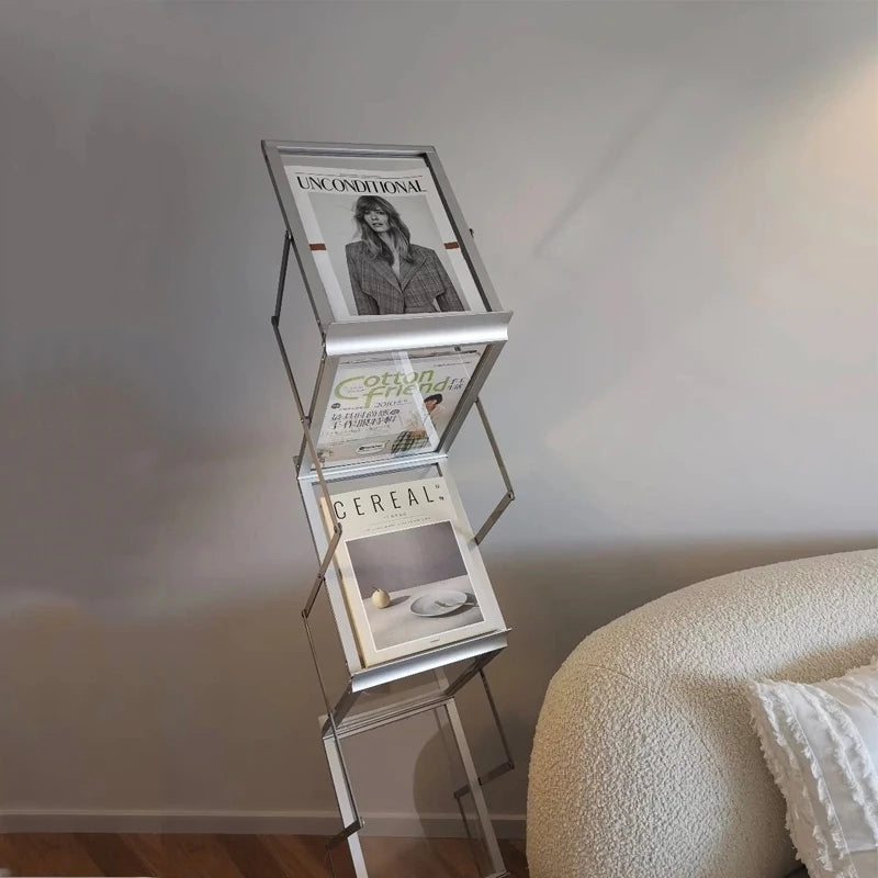 ENNJOI Modern 3-Tier Free-Standing Silver Aluminum Metal Framed Foldable Bookshelves Storage Magazine Rack Holders/ Size: W x L x H /25cm  x 35cm  x  149cm