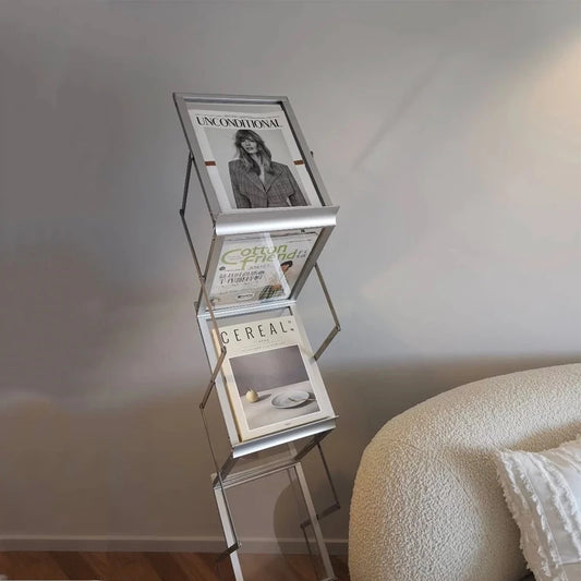 ENNJOI Modern 3-Tier Free-Standing Silver Aluminum Metal Framed Foldable Bookshelves Storage Magazine Rack Holders/ Size: W x L x H /25cm  x 35cm  x  149cm