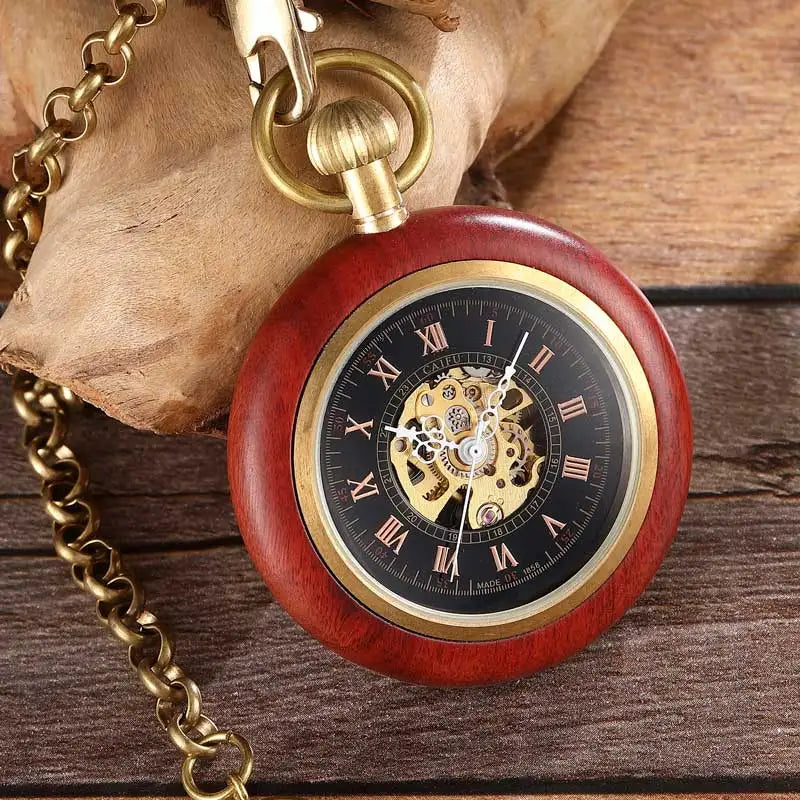 GORBEN Adults Vintage Manuel Winding Roman Numeral Carved Wood Square Shaped Case Acrylic Face Skeleton Dial Mechanical Gold Metal Open Face Fob Gold Chain-Pocket Watches