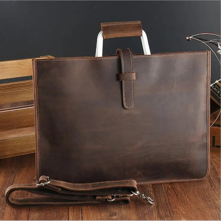 NEWSBIRDS Adult Unisex Modern Two Handles-One Shoulder Strap Rectangle Brown-Black Cowhide Leather Metal Zipper Polyester Lining A4 File Documents Built-In 14 Inch Laptop Single Compartment Business Handbags