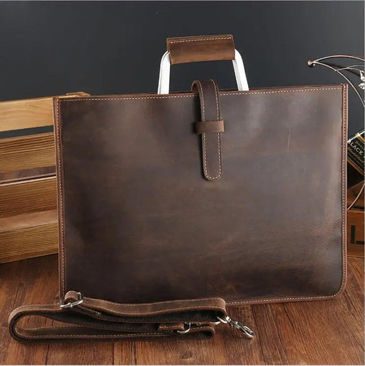 NEWSBIRDS Adult Unisex Modern Two Handles-One Shoulder Strap Rectangle Brown-Black Cowhide Leather Metal Zipper Polyester Lining A4 File Documents Built-In 14 Inch Laptop Single Compartment Business Handbags