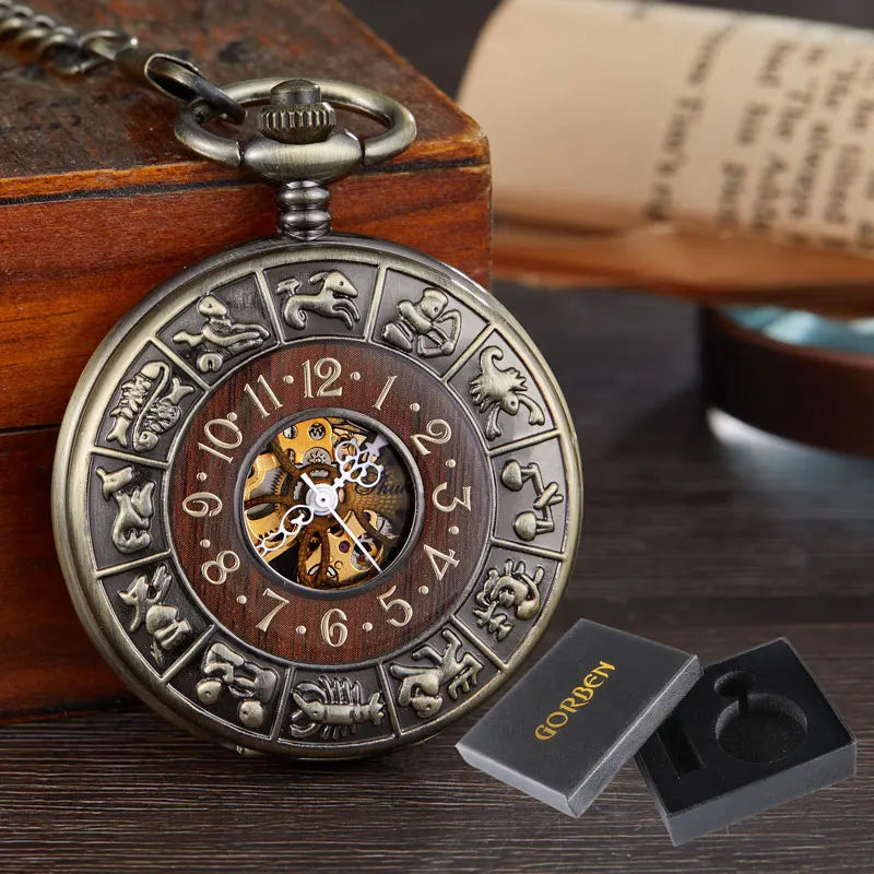 GORBEN Adults Unisex Antique Quartz Hand Winding Roman Numeral Bronze Round Shaped Stainless Steel Metal Case Acrylic Face Hollow-Out Solid Wood Steampunk Skeleton Dial Mechanical Chain-Pocket Watches