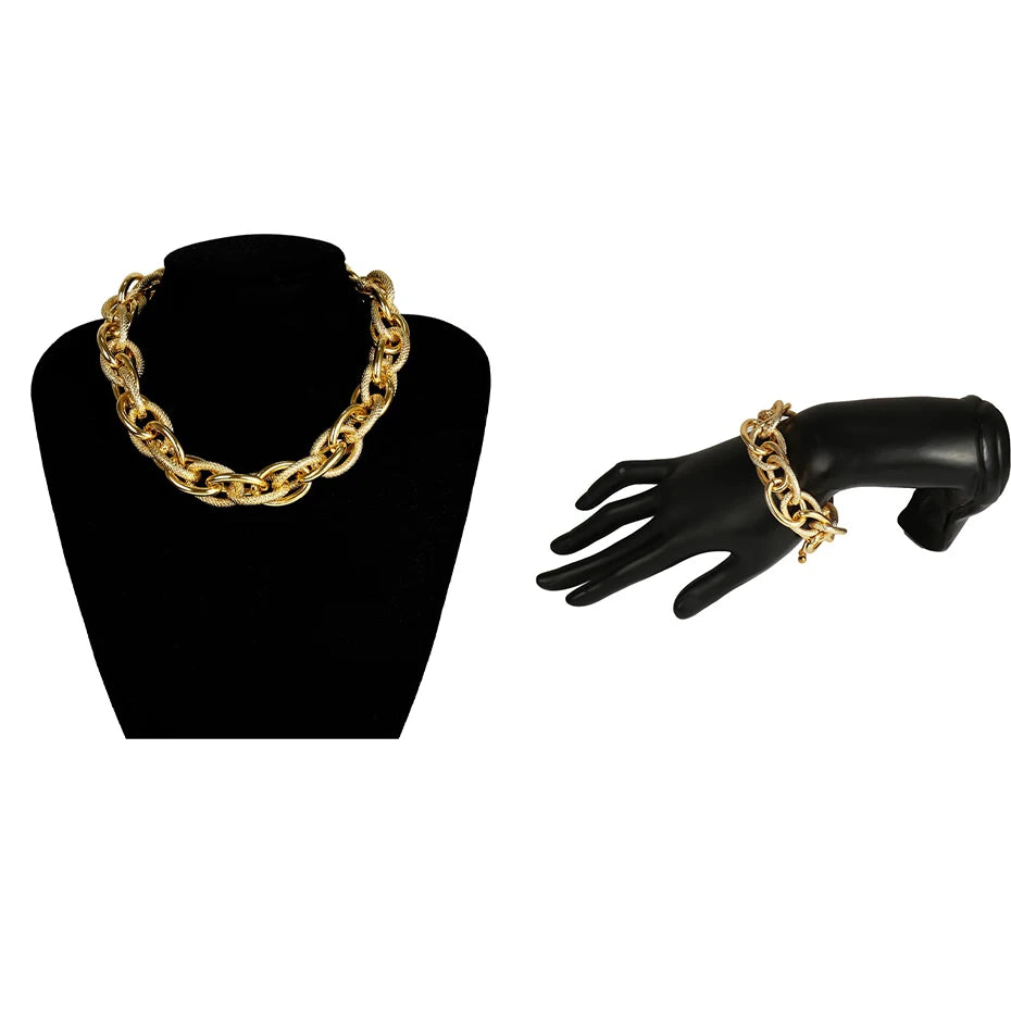 SALIRCON Adult Women Fine Imitation Metal Alloy Gold Geometric Round Shaped Punk Cuban Thick Chain Chunky Choker Necklace-Bracelet Jewelry Sets