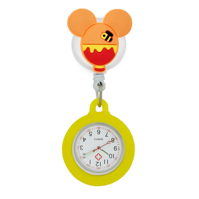 No-EN-Name-Null Adults Waterproof Glass Face Yellow Silicone Cover Round Shaped Metal Alloy Case Quartz Analog-Digital Display Cartoon Mickey Mouse Head Design Retractable Badge Reel-Fob Pocket Watches/Colors-Pink/Light Blue/Neon Pink/Dark Blue/Yellow