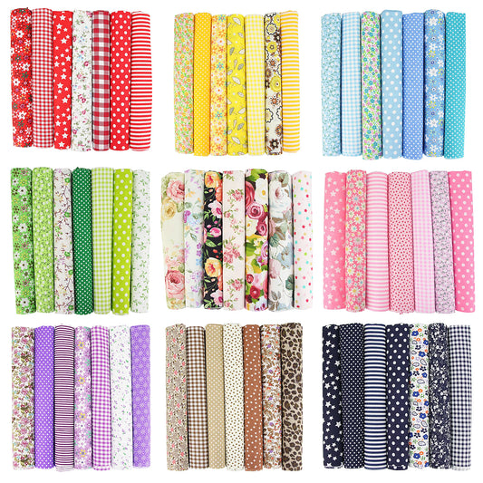 1-Set 7 Different Colors Handmade Anti-Static Printed Thin Patchwork Quilting Squares 100% Cotton Brocade Fabric Cloths/Colors-Floral/Geometric/Black/Checkered/Washable/Ironing Instructions