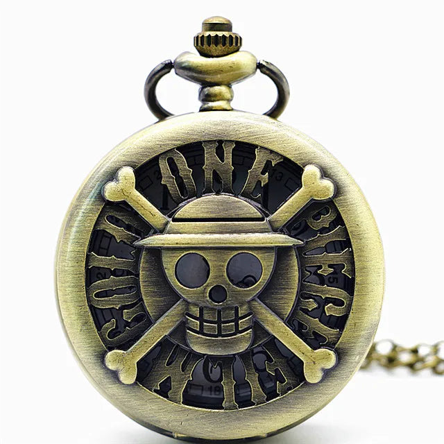 SHUHANG Adults Antique Quartz Analog Display Round Bronze-Silver Stainless Steel Metal Case Plastic Face Japanese Cartoon Pirate Hat-Skull-Crossbones-One Piece Film Gold Theme Sweater Chain-Pocket Watches