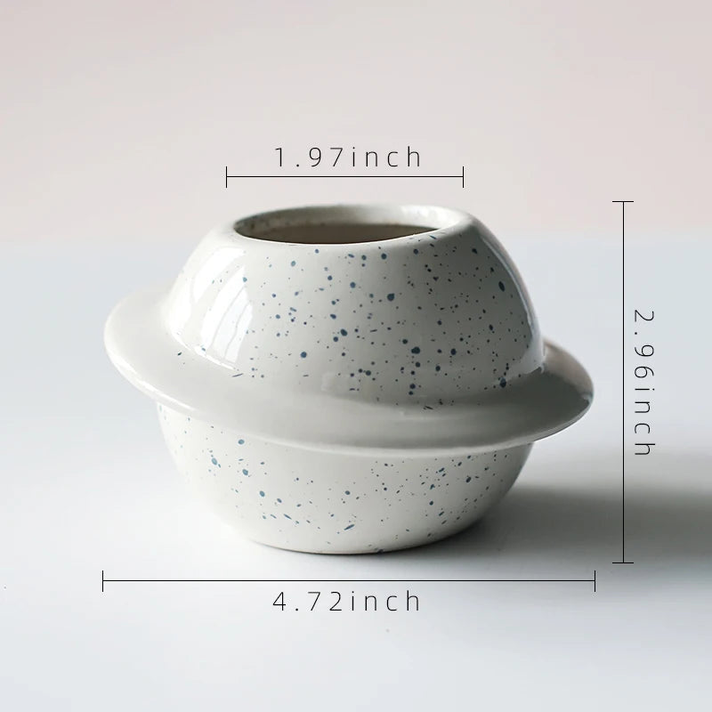 No-EN-Name-Null Glazed Mini Brown Porcelain Ceramic Succulent Round Mouth Creative Cute Cartoon Smiling Eyes-Nose Saturn Planet Shaped Desktop Flowerpots Planters /Colors-Dots/Beige/White/Blue/Brown/Multicolor