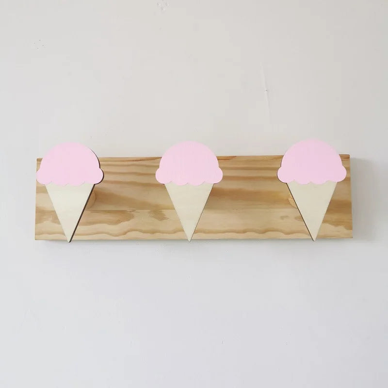 Girls Wood Cartoon Animal Rabbits-Ice Cream-Fairies 3 Hooks Wall Mounted Coat Rack