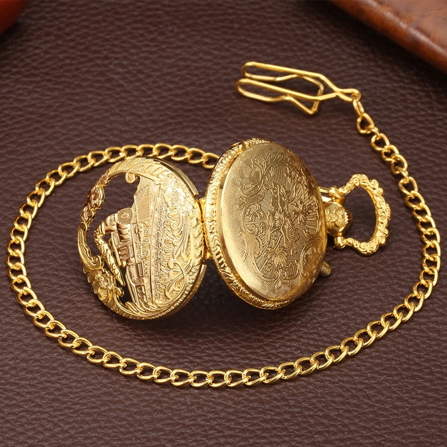 YISUYA Adults Antique Japanese Quartz Analog Display Acrylic Face Round Shaped Metal Alloy Case Hollow-Out Engraved Locomotive Train Floral Front Design Luminous LED Light Gold Chain-Pocket Watches /Colors-Gold/Bronze/Silver