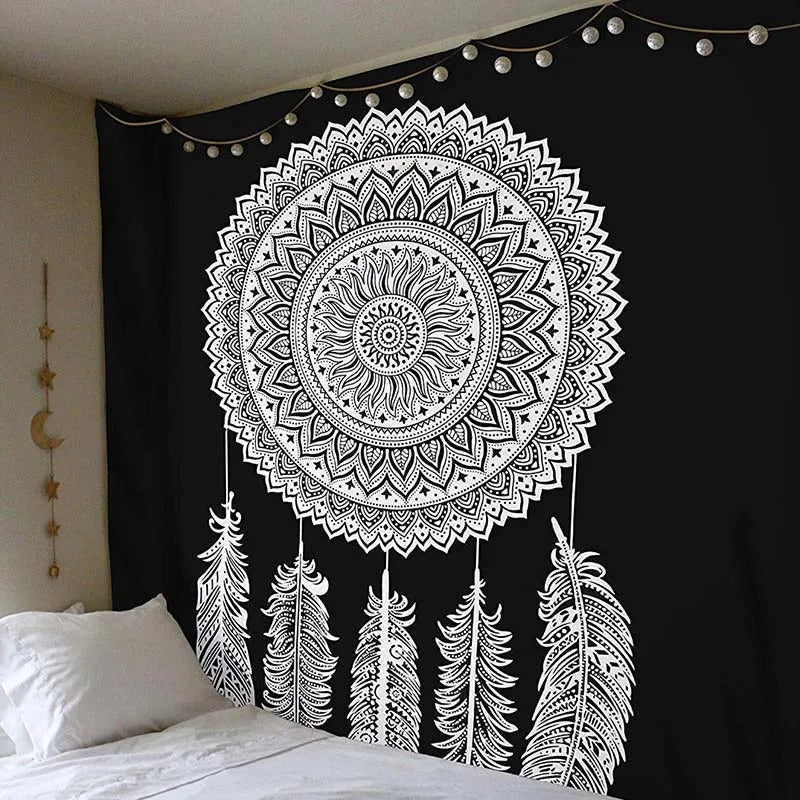 Geometric Color Printed Black Background Mandala Wall Hanging Cotton-Polyester Tapestries