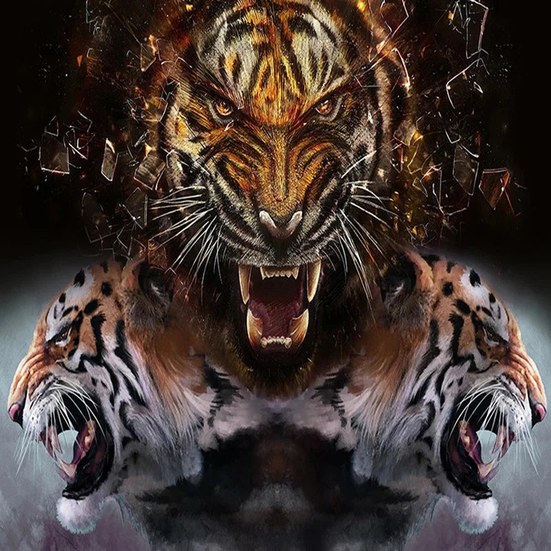 Kids Custom Any Size Waterproof Canvas Peel-N-Stick Plastic Removable 3D Tiger Heads Roaring Silk Cloth Wallpaper