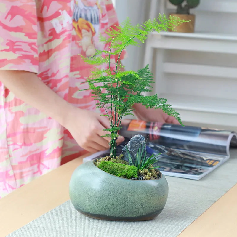 No-EN-Name-Null Indoor Glazed Gray-Green Ceramic Round Shaped Desktop Rustic Flower Pots Planters