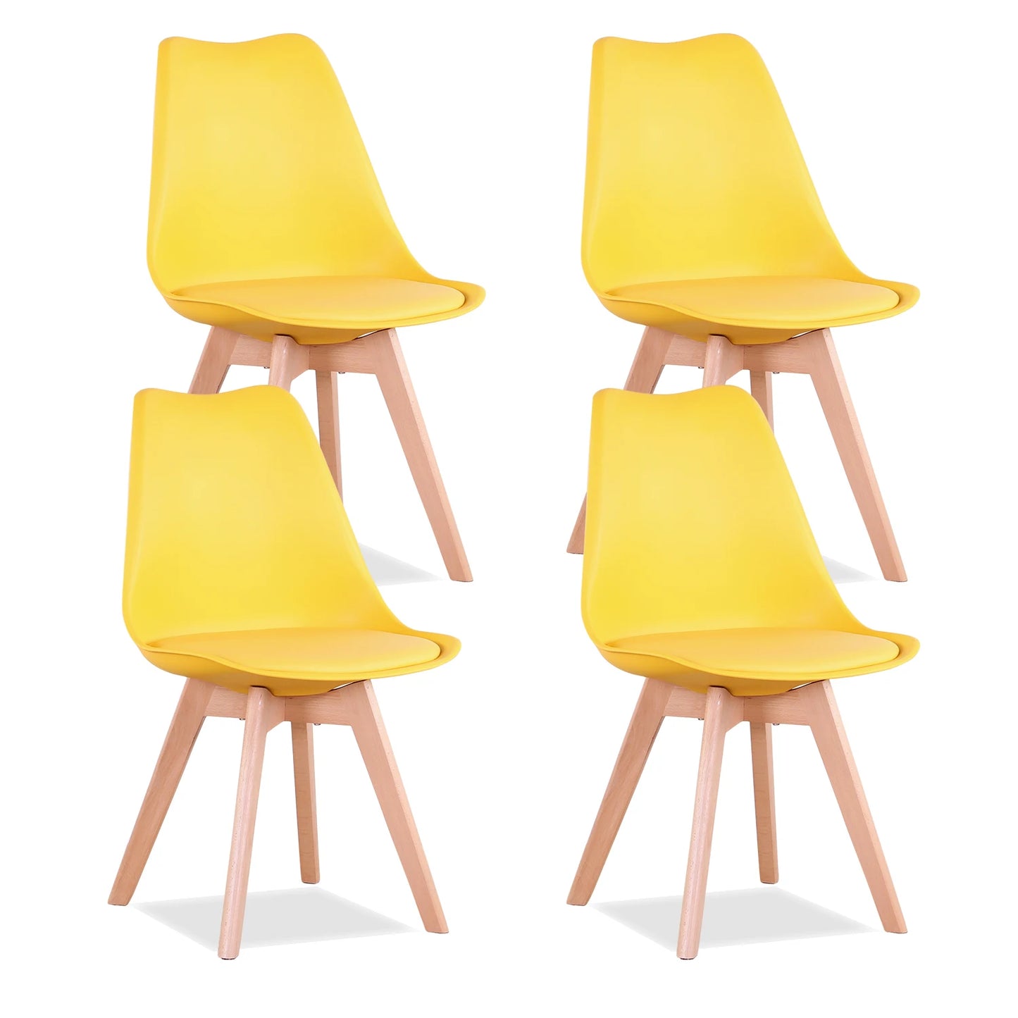 EGOONM Nordic 4 pcs Solid Wood Base Dining Faux Leather Armless Plastic Upholstered Cushion Paver Chair Set/ Colors-Beige/White/Blue/Gray/Black/Yellow